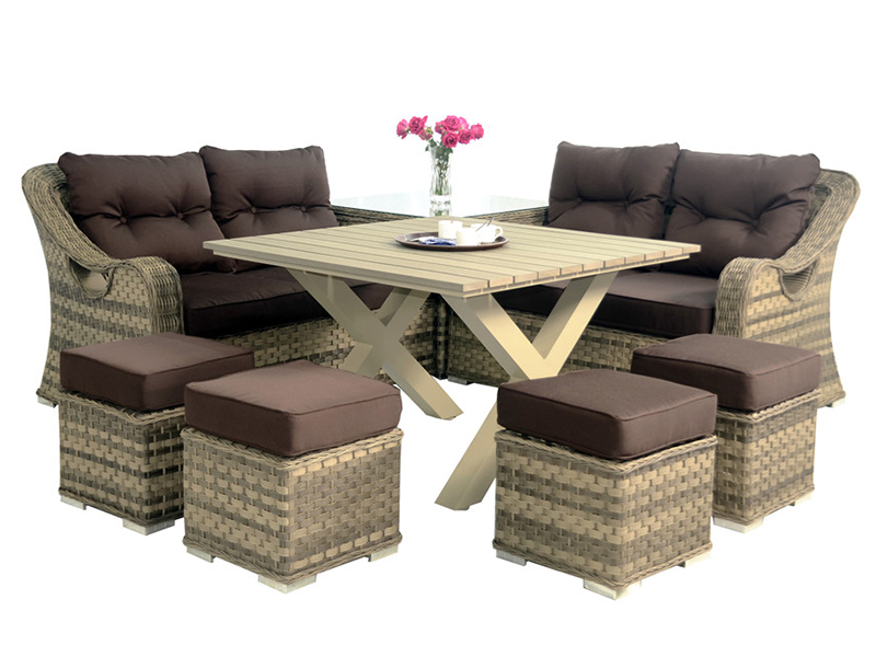 Modern Outdoor Dining Table Set Furniture, Aluminum Rattan Chair Set at Table na may Synthetic Wood sa Top, YQR-542A